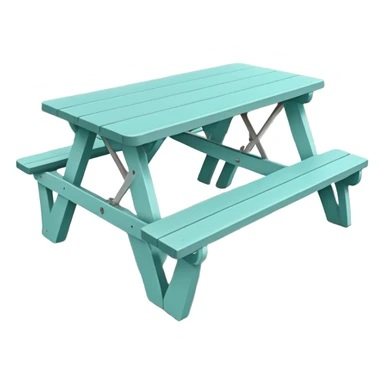 simple rectangular picnic table with attached benches, soft teal color, white end caps on table and benches, all legs straight, small wheels underneath, flat wood-style silhouette, muted teal tone, clean geometry, minimal shading sticker