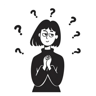 confused woman with straight dark hair, head tilted, question marks circling around her, hand-drawn doodle style sticker