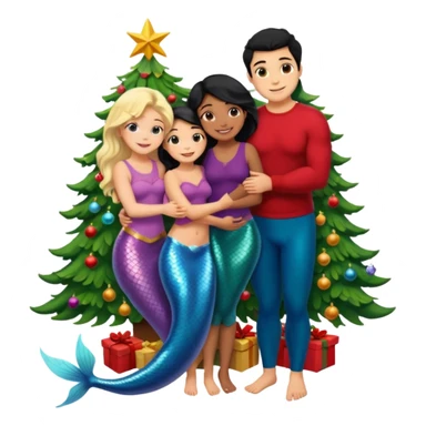 Generate Christmas-style emojis  family. Where light-skinned people stand near the tree all together, hugging and smiling.  girl should be Light-haired woman, mermaid woman, black-haired woman, and 1 man . Add 4 people: Mother, Sister, Sister, Brother  sticker