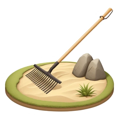 Minimalist emoji of a traditional Japanese zen garden rake (kumade) thin and balanced lines, natural light wood texture, soft sand-beige and warm neutral tones, flat vector style with subtle depth, centered composition, transparent background sticker