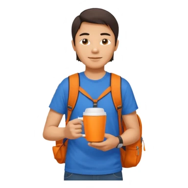 an asian man in blue t-shirt with orange cup of coffee and backpack on the back. Eiffel tower on the background. shoulder length  sticker