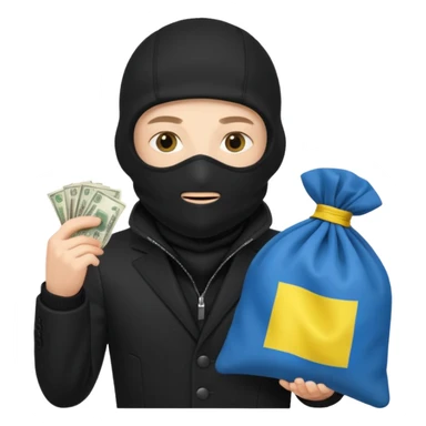 create an incredibly realistic white thief in a black suit and balaclava with a bag of money and a Ukrainian flag on it sticker