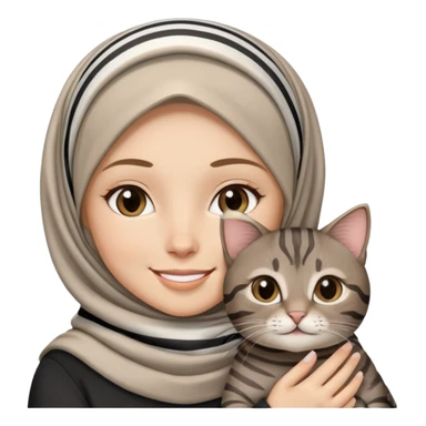 White girl wearing hijab smiling while holding a black grey brown stripes tabby cat sticker