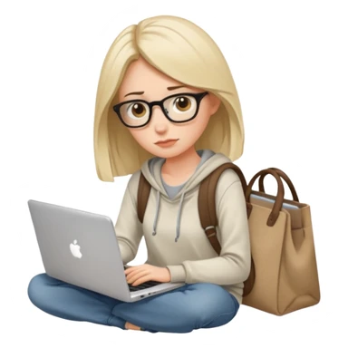 female tired blogger with a laptop, slouched posture, bags under eyes, casual clothes, coffee mug nearby sticker