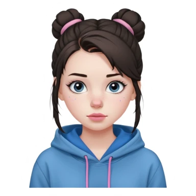 Create a teenage girl with straight brunette hair pulled into a messy bun, pale skin, light freckles, and blue-grey eyes. She will have pink lips and long black eyelashes. She will be wearing a big black hoodie. sticker