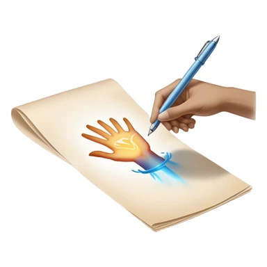 A glowing, slightly transparent hand—representing the future self—emerges from a piece of paper, offering a pen to the present self. The present self’s hand, solid and real, reaches out to take it, symbolizing the moment of choosing action over procrastination, guided by the future self’s wisdom. sticker