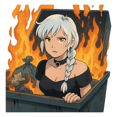 she is poking out from a garbage dumpster, fire, garbage fire, everything is on fire, a closeup portrait of young woman with gold yellow eyes, white hair, long braid, black off-shoulder top d-cup, punk gothic style, futuristic cyberwave cyberpunk, sticker