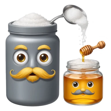 Garama and Madundung are together a gray container of salt and a honey container with a cloth on top. They each have eyes with white in the middle, a mouth, nose, and mustache both customary to their colors. They have hairy legs and emit an aura of salt (Garama), and honey (Madundung). sticker