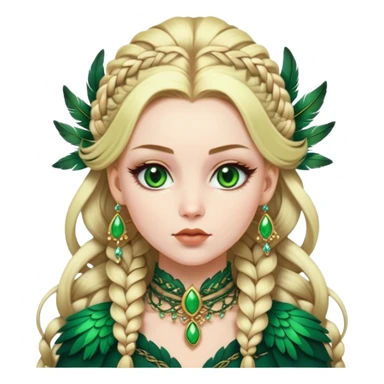 lady with Pale complexion, sharp features, high cheekbones, Blonde hair, green eyes, feathered ornaments, intricate braids with voluminous hairstyle sticker