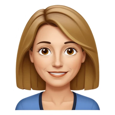 50 year old Caucasian woman with shoulder length brown hair and blond highlights and no bangs. Brown eyes with thin, black eyebrows. Medium size nose with a couple of freckles. Thin lips and slender shoulders. sticker