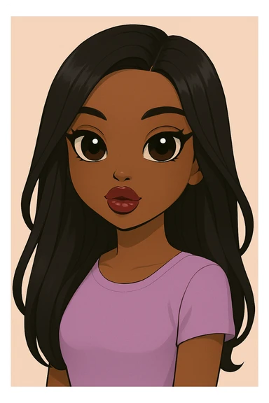Change her expression to dreamy, headshot only, 20-year-old anime Bratz style woman with dark skin, straight hair, more casual outfit, big expressive eyes, glossy lips, no hat, no tears, looking straight ahead. The style should reflect anime Bratz aesthetics with emphasis on big expressive eyes and glossy lips. sticker