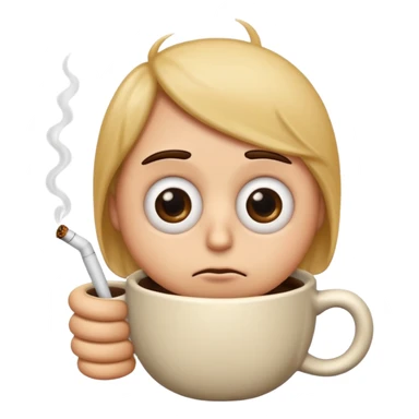 Create an emoji that is tired of life with big eye bags and annoyed. He needs to have a coffee and a used cigarette next to him or his hands  sticker