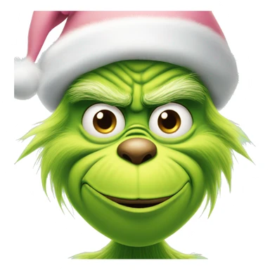 grinch face with a smirk wearing a light pink santa hat sticker