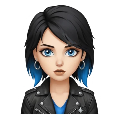 
 rockstar girl with black disheveled hair, blue eyes, Smokey eyes grunge makeup, ring on the side of the nose sticker