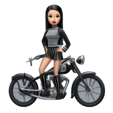 Jeffery New York Lingerie Barbie Wednesday Addams from academy in vertically striped gray and black outfit. riding hot rod bikes with crows sticker