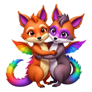 black female raccoon dragon hybrid with rainbow colored wings and purple eyes giving a big hug to a red female fox dragon hybrid with rainbow colored wings and orange eyes sticker