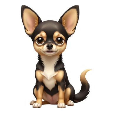 cinematic-[chihuahua dog]-realistic-full-body-sitting-emoji,-tail-resting-loosely-beside-its-paws,-head-tilted-dramatically,-sleek-[black and tan]-fur,-simplified-yet-realistic-focused-features,-highly-detailed,-glowing-with-an-almost-sarcastic-glow sticker