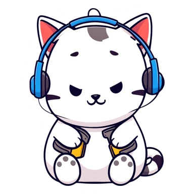 tired sad cat with a gun and headphones, cartoon sticker sticker