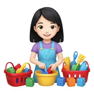 A cute 4-year-old Japanese girl with a big smile, proudly cleaning up her toys by herself in a bright playroom. She is putting colorful blocks and dolls back into baskets, looking happy and accomplished.  sticker
