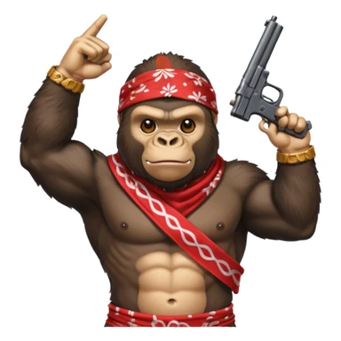 A gorilla holding a gun in the air with a bandana  sticker