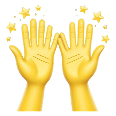A 3D digital emoji of two yellow cartoon hands doing a joyful high five, palms clapping together in the air, with bright sparkles and motion lines to show excitement and celebration, Apple emoji style sticker