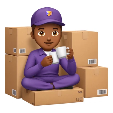 emoji of FedEx delivery man is sipping coffee while sitting on the boxes sticker