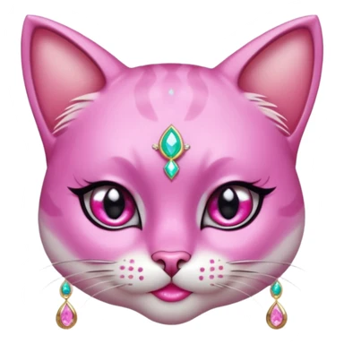 glamorous cat portrait, head and shoulders only, exaggerated pink makeup, bright eyeshadow, long eyelashes, shiny blush cheeks, sparkling face gems, glitter accents, elegant earrings, fantasy beauty style, cute 3D cartoon, mobile game icon style, clean background, no text, no watermark
 sticker