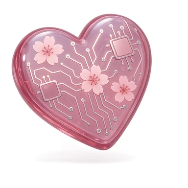heart with sakura and silver accents, glossy circuit style sticker