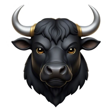 Cinematic Noble Black Bull Portrait Emoji, Poised and regal, with a massive, muscular build and a sleek, well-groomed pure black hide, deep-set soulful dark eyes, Simplified yet sharp and sophisticated features, highly detailed, glowing with a soft, dignified glow, high shine, intelligent and formidable, stylized with an air of strength, focused and attentive, soft glowing outline, capturing the essence of a watchful and confident guardian, so majestic it feels as though it could charge out of the screen with effortless authority! sticker