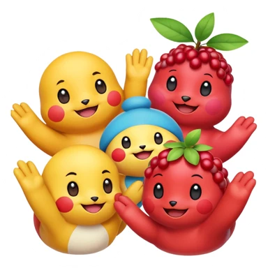 Three Pokémon characters showing kindness and teamwork. One Pokémon is handing a berry to another, while the third Pokémon is cheering and clapping happily. They look joyful and friendly, standing close together in a bright, colorful cartoon scene. The style is cute, playful, and emoji-like. sticker