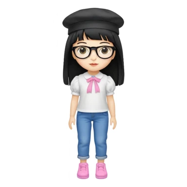 A yellow-skinned girl with long straight black hair, flat bangs, black frame glasses, a white puffy sleeve doll shirt, blue spacious jeans and pink shoes, and a black painter's hat，no yellow spikes. sticker