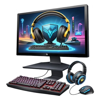 An icon featuring a gaming setup with a high-tech monitor displaying a competitive game, a keyboard, and a gaming mouse. The design includes a headset and a trophy, symbolizing victory and skill in esports. Transparent background highlights the energy and precision of professional gaming. sticker