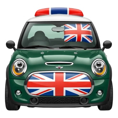 Dark green Mini Cooper with union jacks on wing mirrors zooming sticker