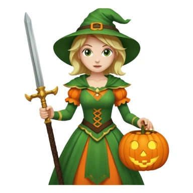 Woman Hunter With Jack o Lantern, wearing green costume, with sword sticker