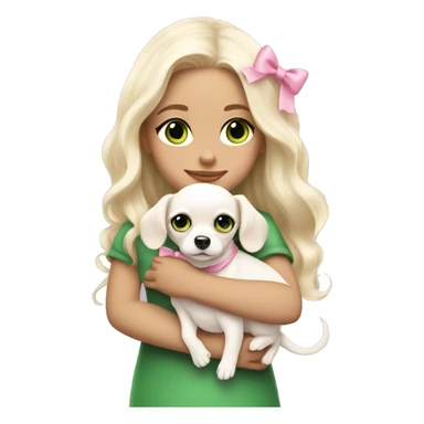 pale blond girl with wavy long platinum hair with green eyes holding a white chihuahua puppy that wearing a pink bow sticker