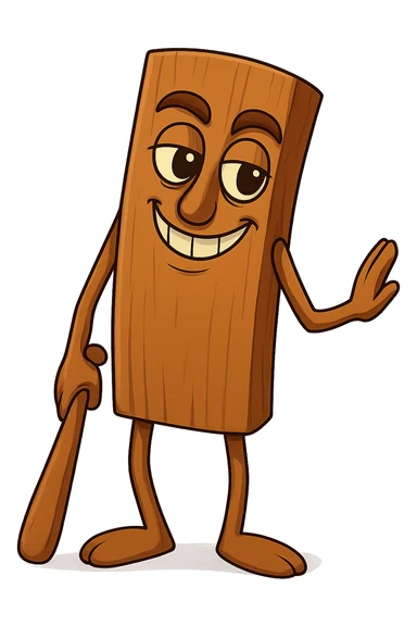 Create three more versions of the wooden plank character: one with a mischievous grin, one looking scared, and one with a wink. Maintain the style and transparent background. sticker