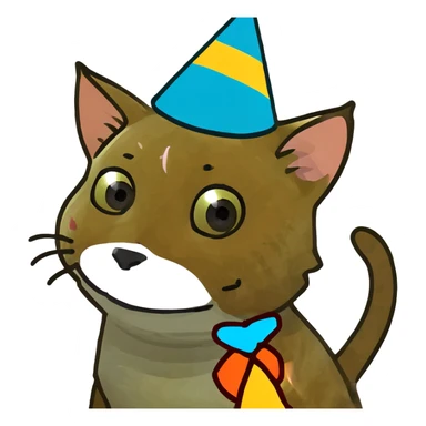 ginger tabby kitten at a birthday party, smiling, with cake, balloons, and wrapped gifts sticker
