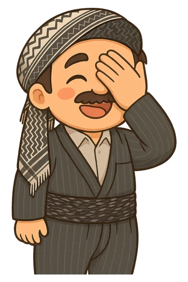 Cartoon sticker of a Kurdish man with the exact same clothes and shawl as the reference images, no changes to clothes or shawl. The face shows a shy smile expression, one hand on the face matching the pose in the reference images. Colorful and cheerful style, no shadows or color halos around the image, no text, suitable for WhatsApp and Instagram, with a fully transparent background. sticker