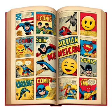 vintage-inspired emoji representing comic books and graphic novels as a storytelling art form. a large, open comic book with pages filled with classic American comic book panels. classic feel of old-school comic books a graphic novel. background transparent. No smiles! sticker