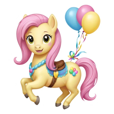 fluttershy mlp holding colorful balloons tied to its saddle, looking cheerful. sticker