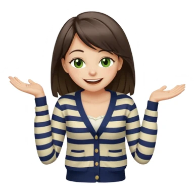 Gorgeous brunette girl green eyes, striped cream and navy blue cardigan and cream shirt, with swoop bangs and long hair having fun, laughing with mouth closed eyes squinted closed, hand on stomach laughing sticker