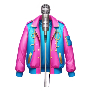 Create a vibrant and energetic emoji that represents pop or stage vocal performance without human figures. The design should feature a microphone on a stand, musical notes, and an illuminated stage with a spotlight to symbolize the live performance aspect. Add a stylish stage costume (e.g., a glittering jacket or sequined outfit) hanging on a hanger, to evoke the glamour of pop singing. Include elements like studio headphones, a music mixer, or a soundboard to reflect the technical side of the performance. Use bright colors like neon pink, electric blue, and gold to convey energy and creativity. The background should be transparent. sticker