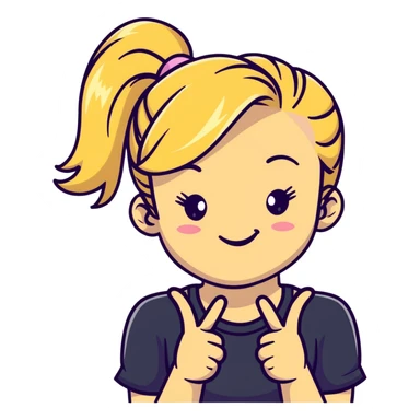 blonde girl with high pony tail hair, winking and making peace sign sticker