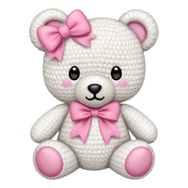 white crochet teddy bear with a pink bow sticker