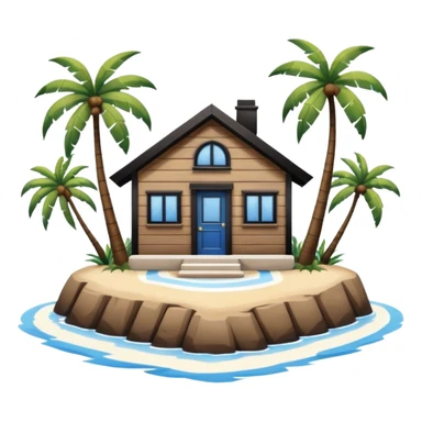 A full square no roof  white and blue stripe house horizontally with brown wooden door on a island with palm trees  sticker