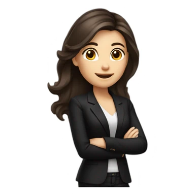 Caucasian Woman with voluminous long dark brown hair, dark brown eyes, pretty smile, dressed with a black blazer. Pointing up sticker