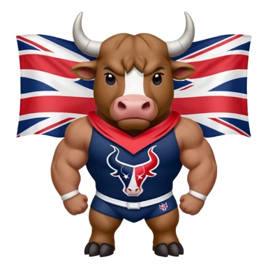 Houston texans bull, wearing a texans jersey, with a union jack flag behing sticker