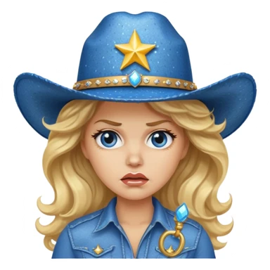 Angry woman with big blonde wavy hair wearing sparkly blue cowboy hat  sticker