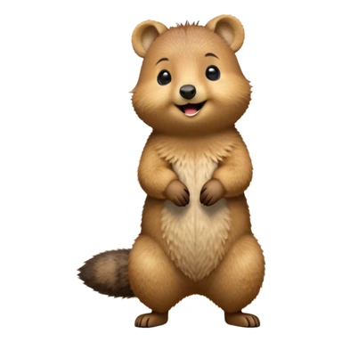 cinematic-quokka-realistic-full-body-standing on its hind legs hunched over-emoji,-small-round-frame-balanced-on-tiny-strong-hind-legs,giant fluffy cheeks large smile-fluffy-brown-fur-radiating-a-warm-softness skinny tail, ,-big-round-eyes-filled-with-joy-and-innocence,-tiny-clawed-paws-held-close-to-chest,-cheerful-smile-exuding-endearing-happiness,-simplified-yet-realistic-focused-features,-highly-detailed,-glowing-with-a-sunny-warmth, expressive eyes  sticker