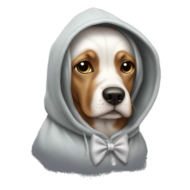 Dog wearing a hoodie with a bow sticker